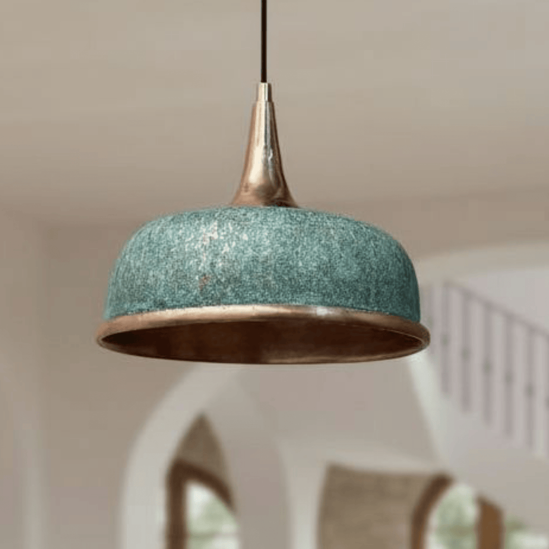 Handcrafted Oxidized Copper Dome Pendant Light – Green Patina Ceiling Lamp