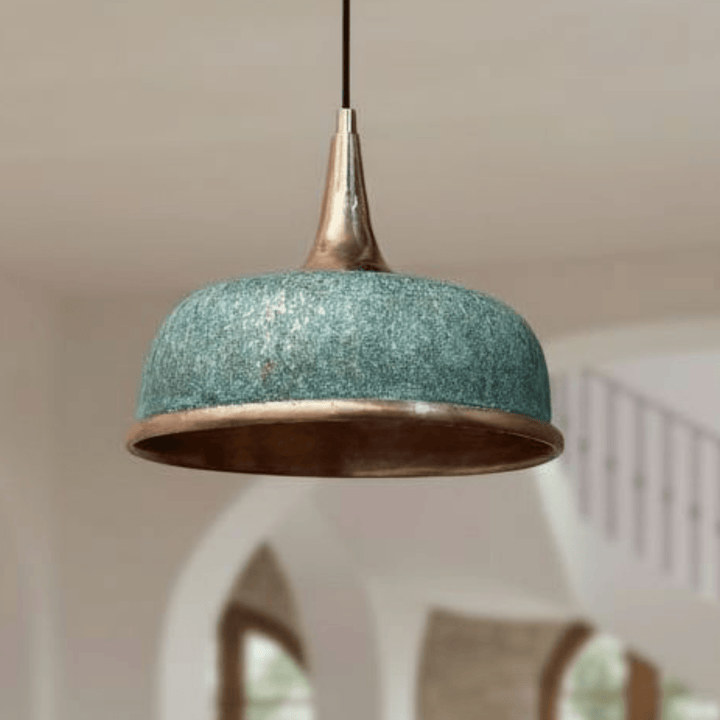 Handcrafted Oxidized Copper Dome Pendant Light – Green Patina Ceiling Lamp