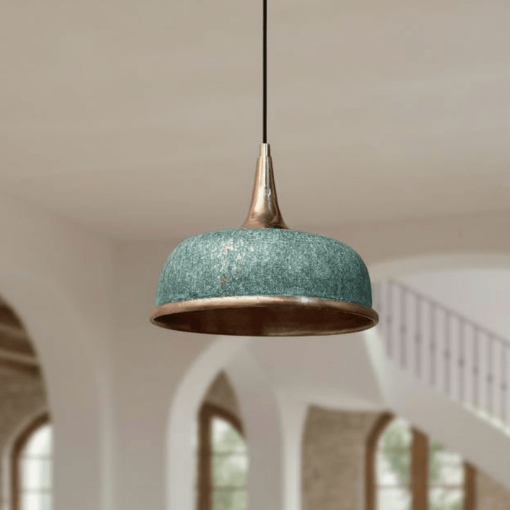 Handcrafted Oxidized Copper Dome Pendant Light – Green Patina Ceiling Lamp