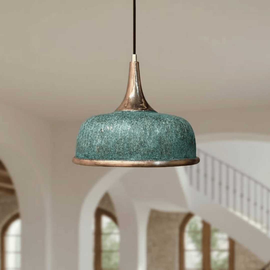 Handcrafted Oxidized Copper Dome Pendant Light – Green Patina Ceiling Lamp