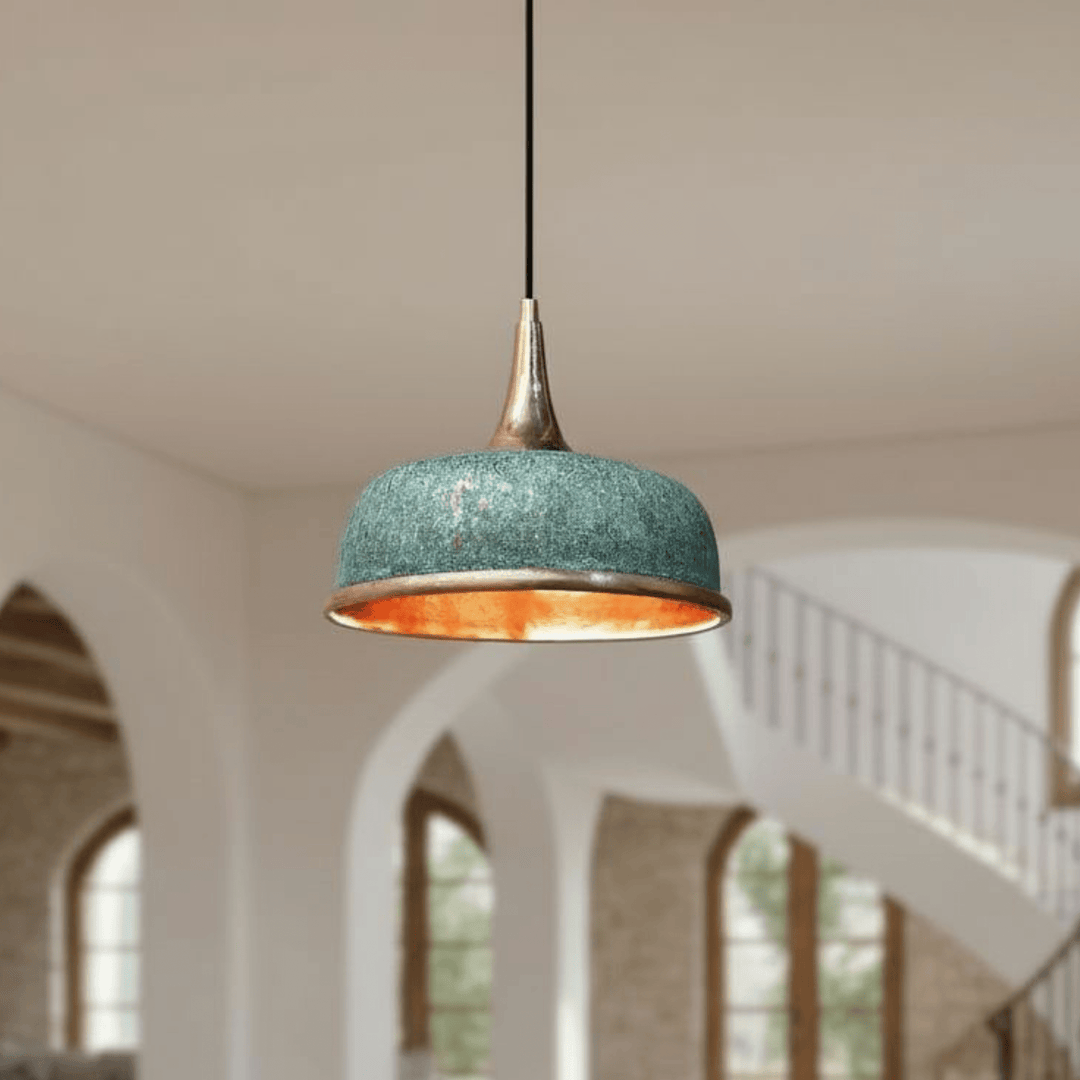 Handcrafted Oxidized Copper Dome Pendant Light – Green Patina Ceiling Lamp