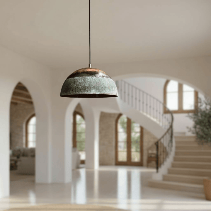 Handcrafted Oxidized Copper Pendant Light – Green Patina Dome Ceiling Lamp