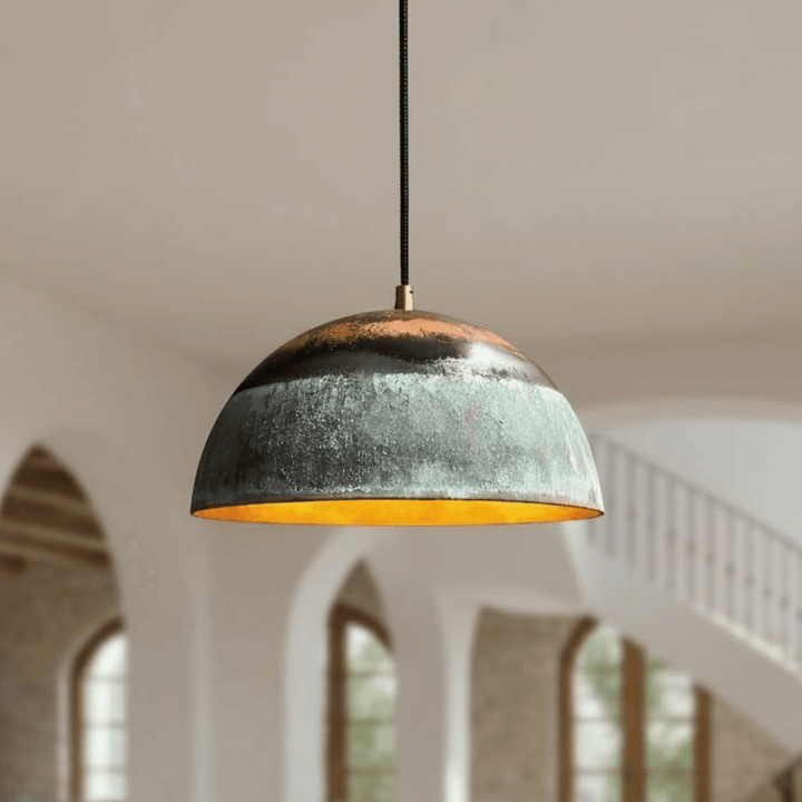 Handcrafted Oxidized Copper Pendant Light – Green Patina Dome Ceiling Lamp