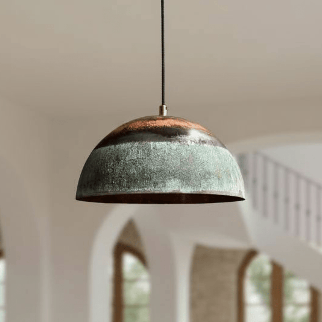 Handcrafted Oxidized Copper Pendant Light – Green Patina Dome Ceiling Lamp