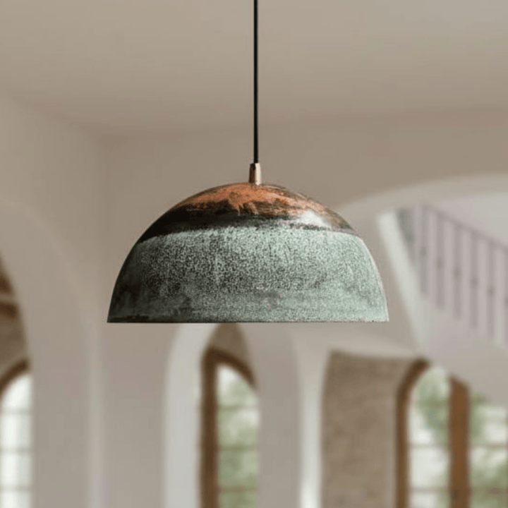 Handcrafted Oxidized Copper Pendant Light – Green Patina Dome Ceiling Lamp