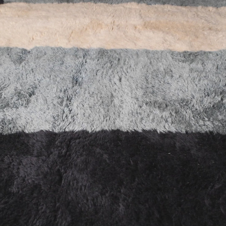 Modern Blue and Black Moroccan Wool Rug with Ivory Stripe