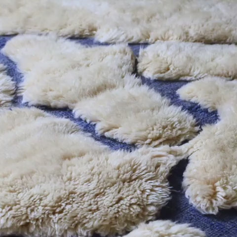 Handmade Beige Moroccan Rug with Abstract Blue Line Motifs