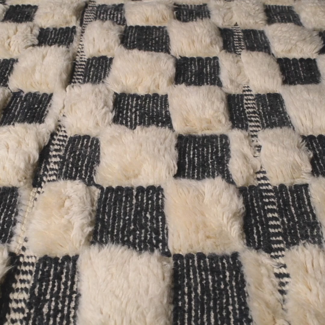 Black and White Checkered Moroccan Rug with Wool Stripe Design