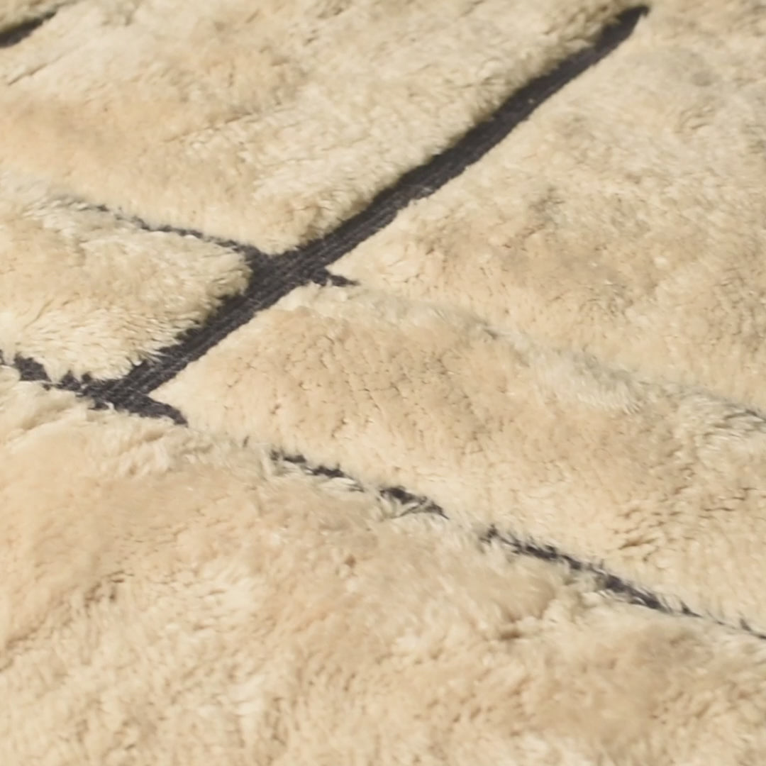 Modern Line Pattern Wool Moroccan Rug in Ivory and Black