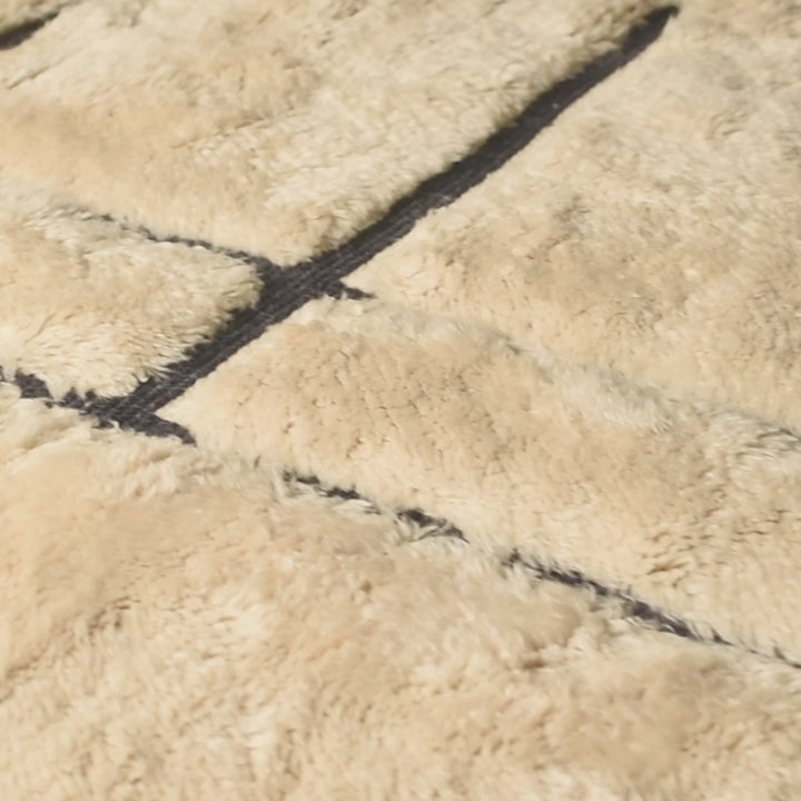 Modern Line Pattern Wool Moroccan Rug in Ivory and Black