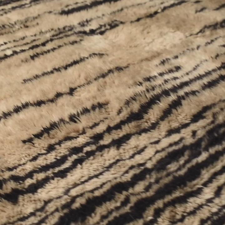 Abstract Moroccan Wool Rug in Beige and Black Line Pattern