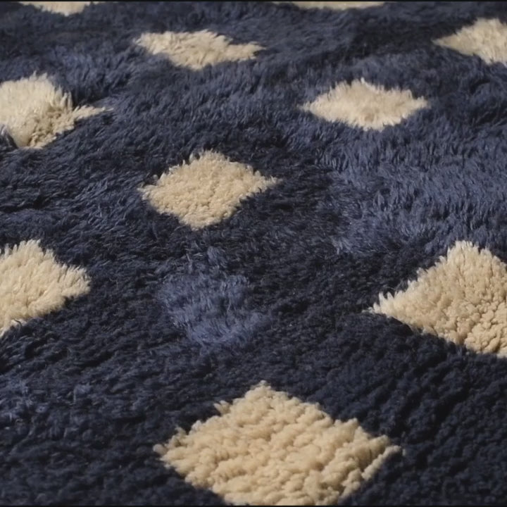 Blue Moroccan Rug with White Squares – Custom Beni Mrirt