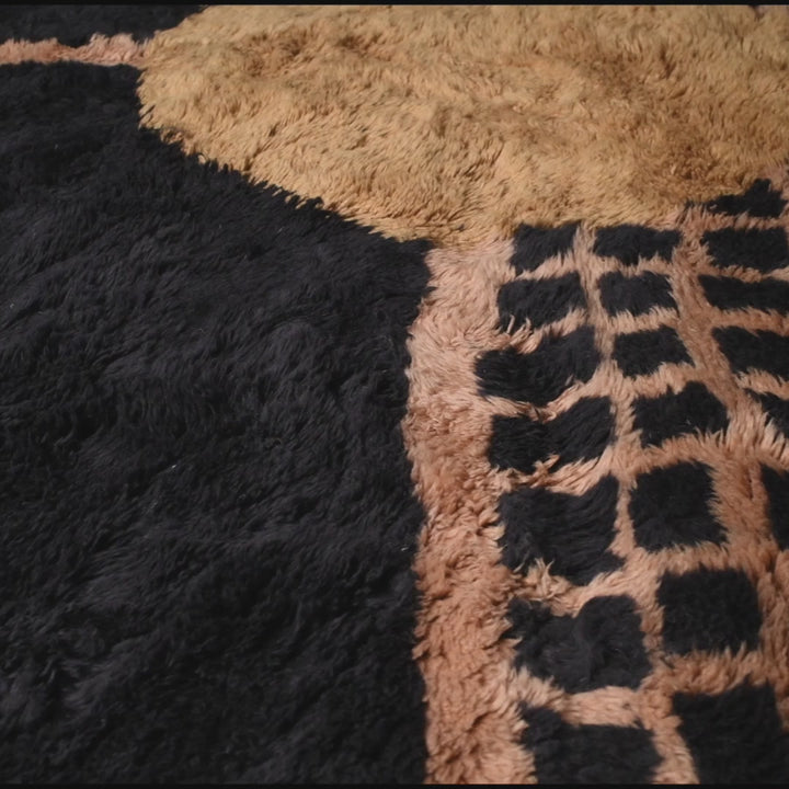 Sun and Grid Abstract Moroccan Wool Rug – Handmade in Black Gold
