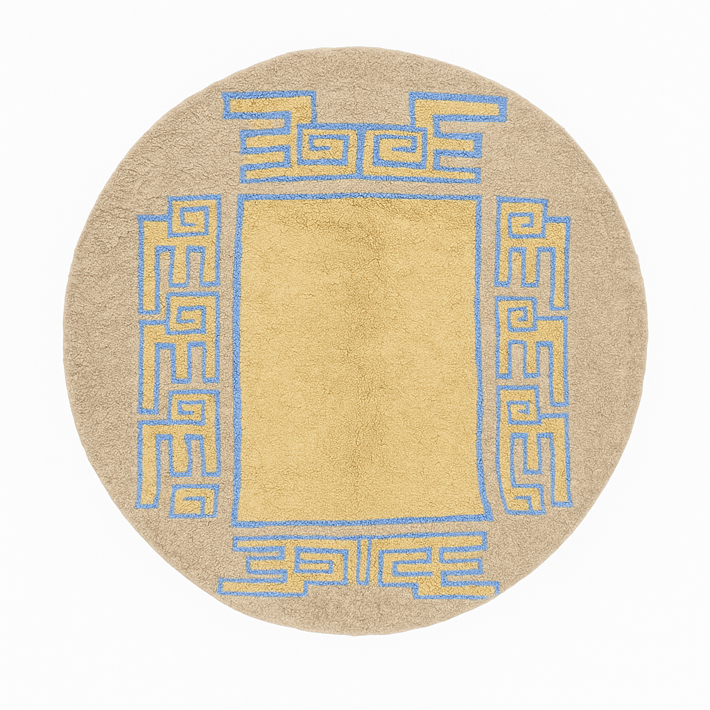 Round Moroccan wool rug with blue geometric border on beige background handmade by artisans