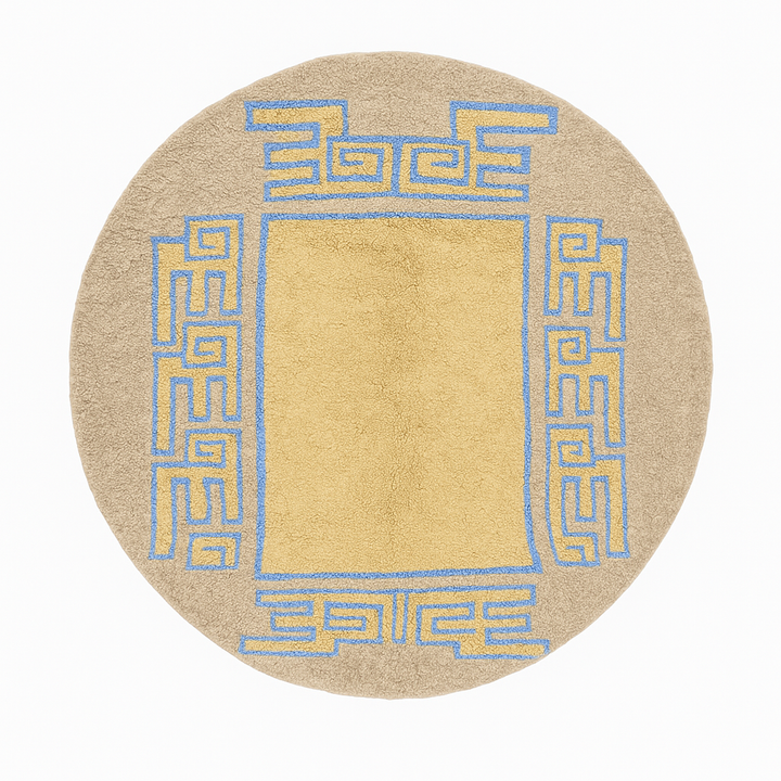 Round Moroccan wool rug with blue geometric border on beige background handmade by artisans