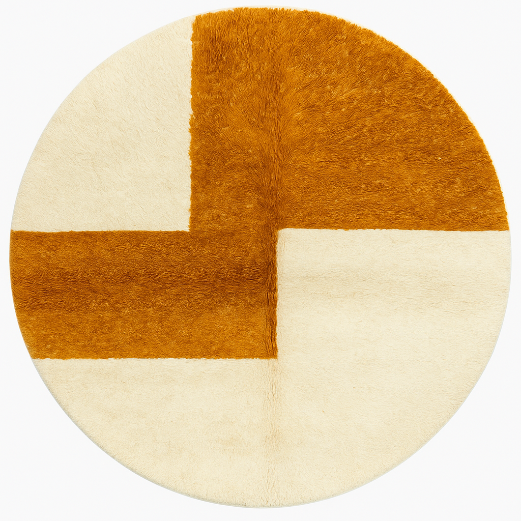 Round Moroccan wool rug with orange and beige geometric pattern handmade by artisans