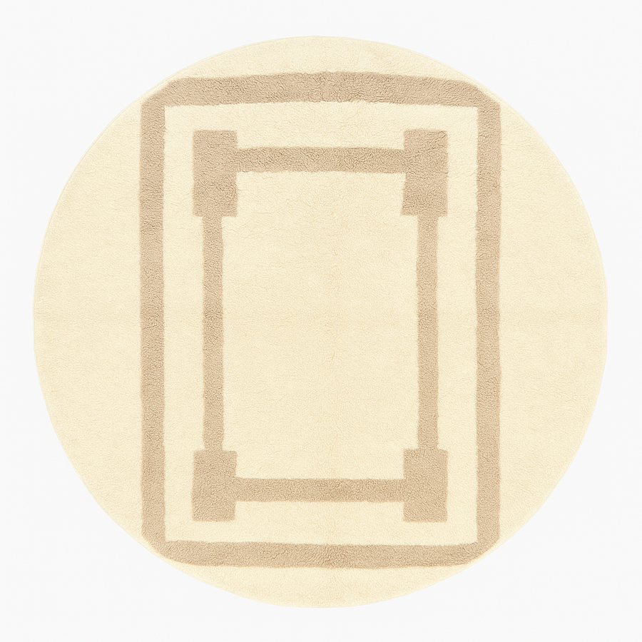 Round Moroccan wool rug with beige geometric border handmade by artisans