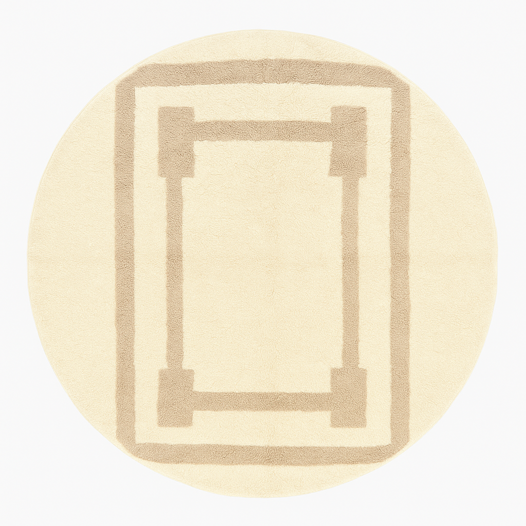 Round Moroccan wool rug with beige geometric border handmade by artisans