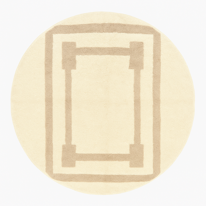 Round Moroccan wool rug with beige geometric border handmade by artisans