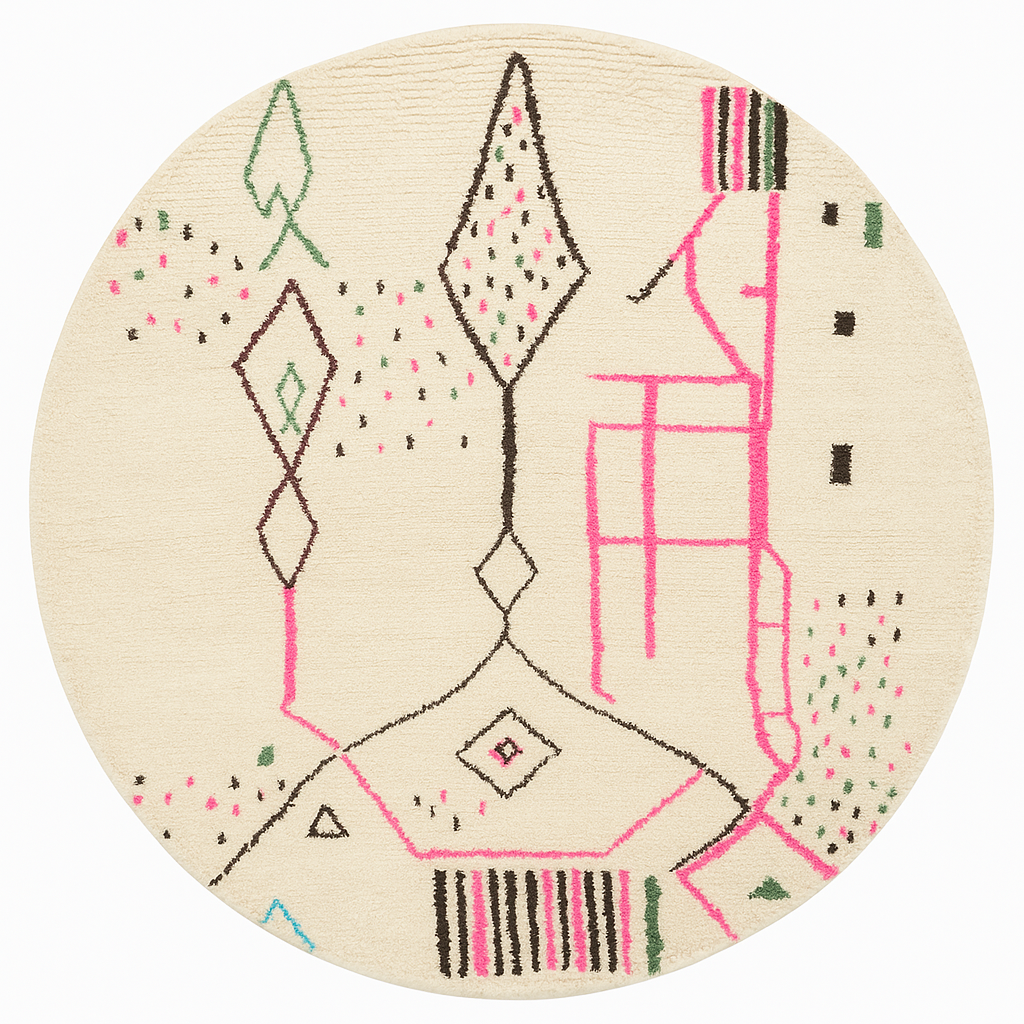 Round Moroccan wool rug with multicolor Berber geometric design handmade by artisans