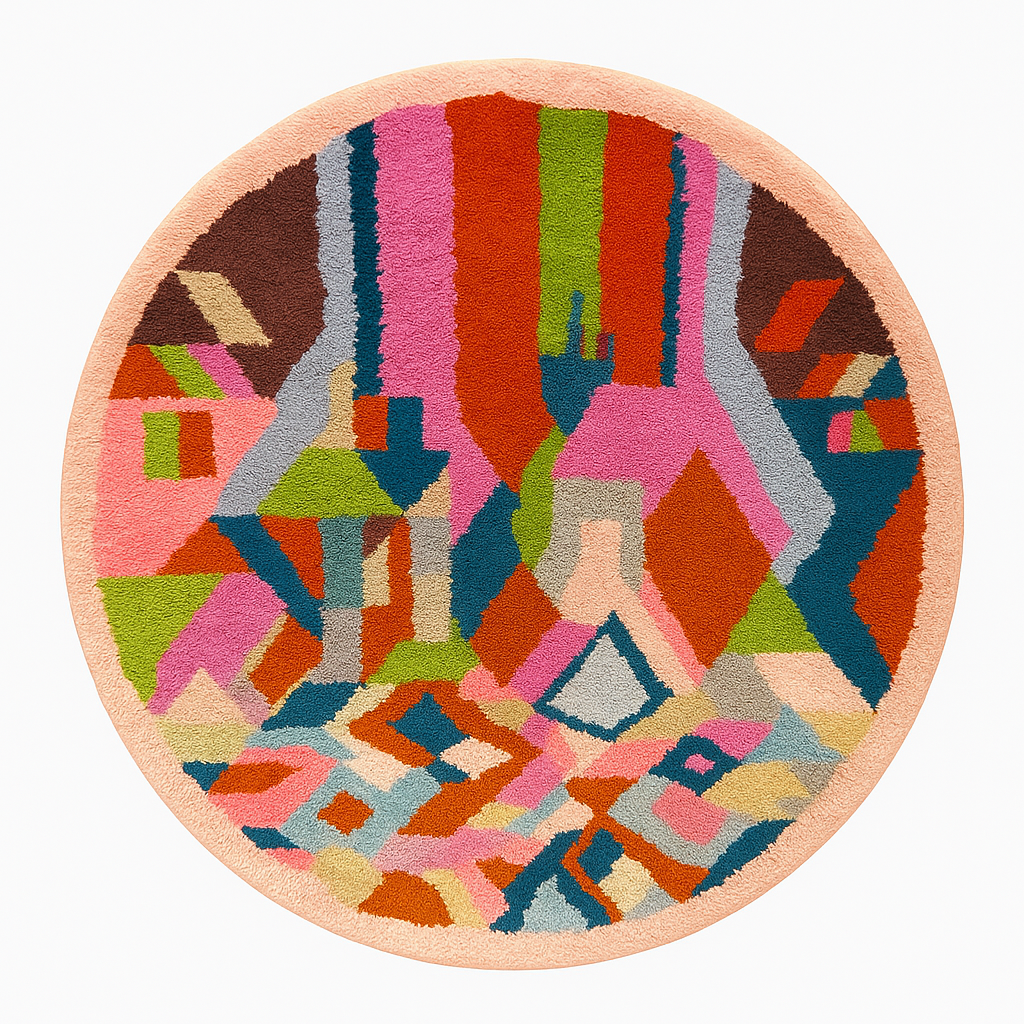 Round colorful Moroccan wool rug with abstract Berber pattern handmade by artisans
