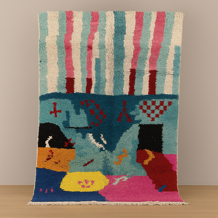 Vintage Moroccan abstract rug in bold boho colors, 5x8 ft. Handwoven Berber wool with red, blue, pink, mustard tones.