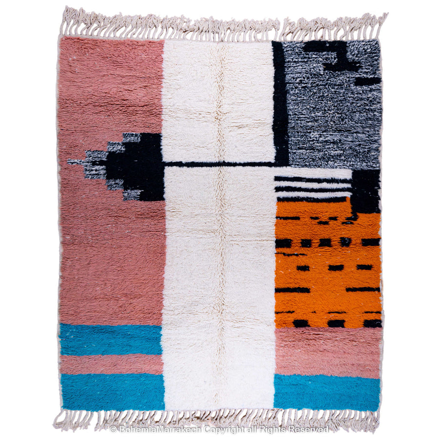 Handmade color block Moroccan rug with orange, black, pink, and blue wool – Beni Ourain style