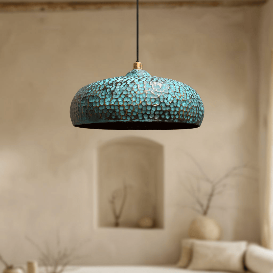 Handcrafted Green Patina Brass Dome Pendant Light – Hammered Artisan Ceiling Lamp