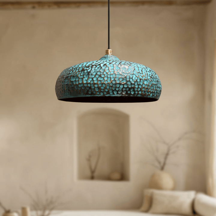 Handcrafted Green Patina Brass Dome Pendant Light – Hammered Artisan Ceiling Lamp