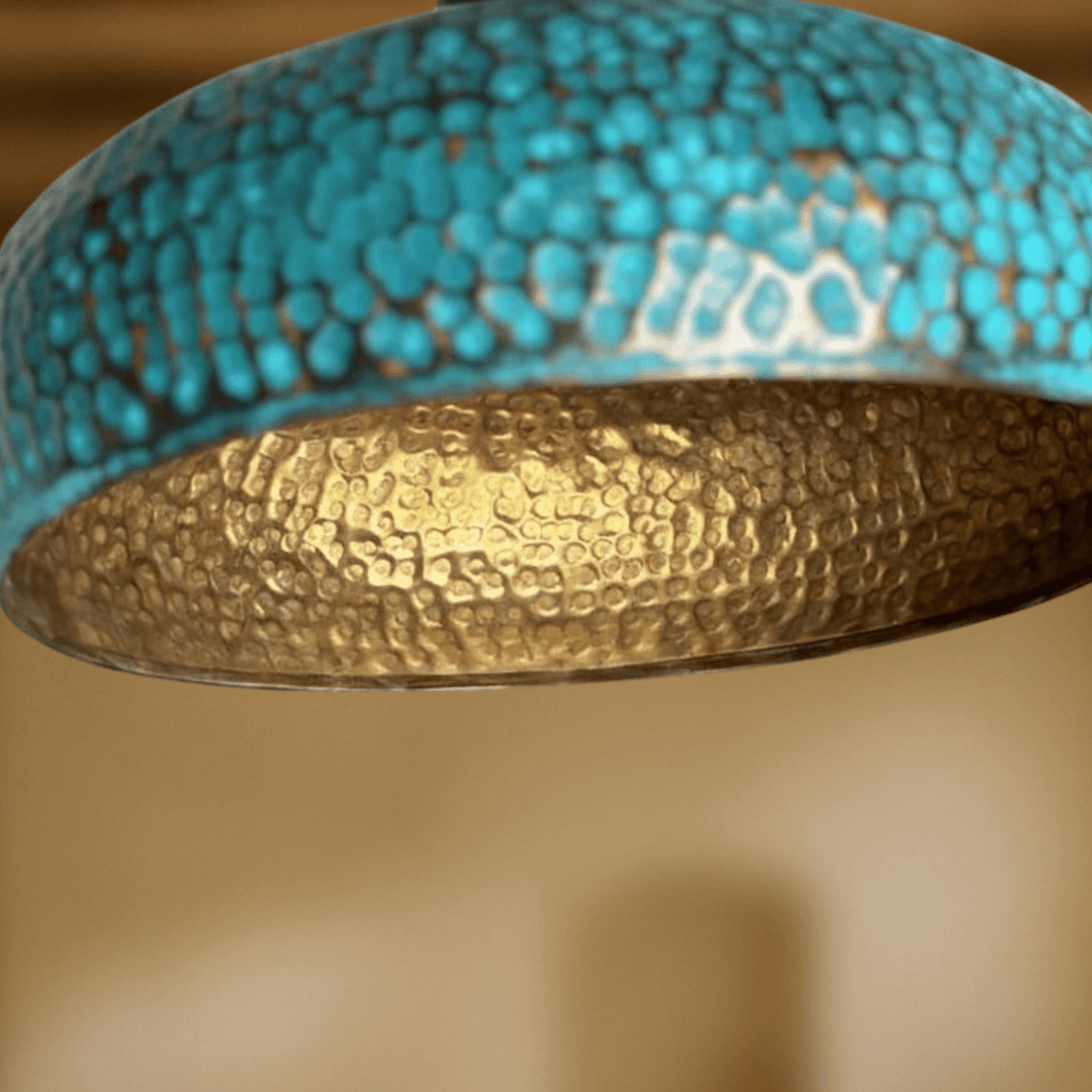Handcrafted Green Patina Brass Dome Pendant Light – Hammered Artisan Ceiling Lamp