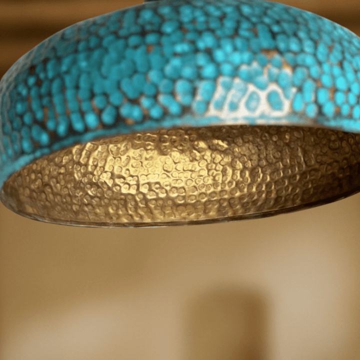 Handcrafted Green Patina Brass Dome Pendant Light – Hammered Artisan Ceiling Lamp