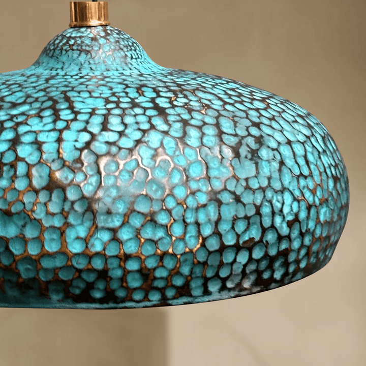 Handcrafted Green Patina Brass Dome Pendant Light – Hammered Artisan Ceiling Lamp