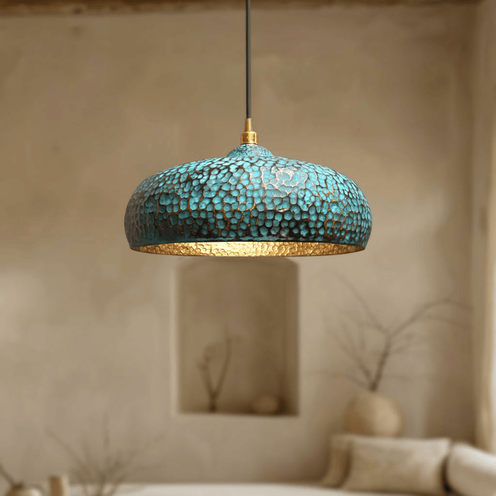 Handcrafted Green Patina Brass Dome Pendant Light – Hammered Artisan Ceiling Lamp