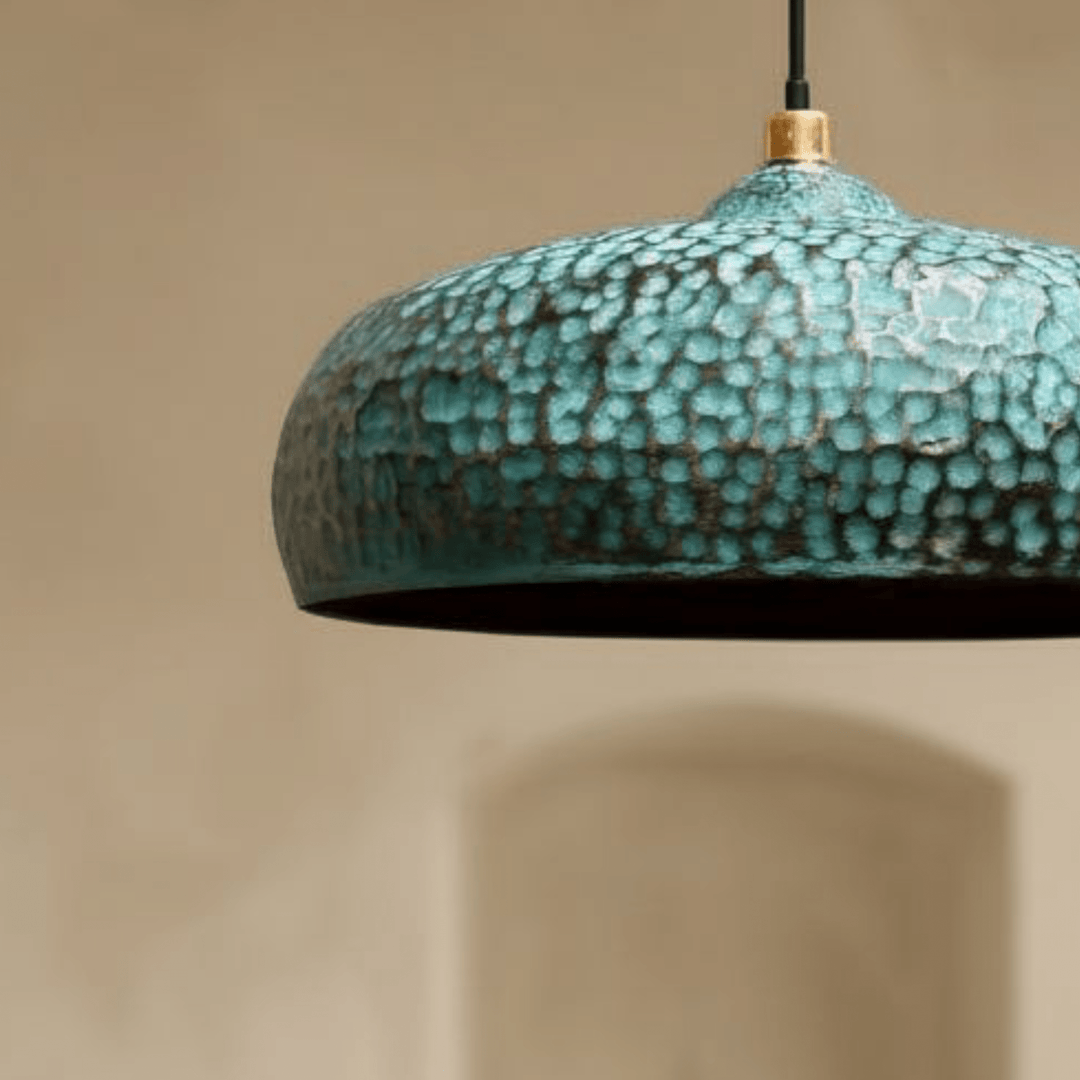 Handcrafted Green Patina Brass Dome Pendant Light – Hammered Artisan Ceiling Lamp
