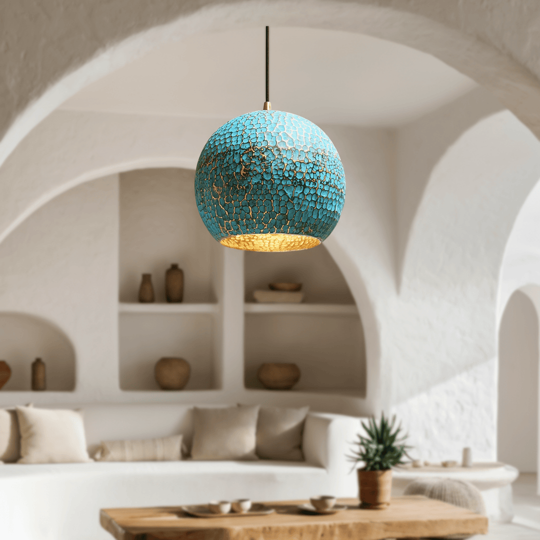 Handcrafted Turquoise Patina Brass Pendant Light – Artisan Dome Ceiling Lamp