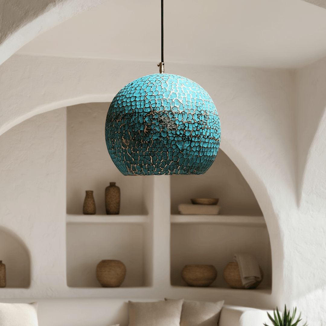 Handcrafted Turquoise Patina Brass Pendant Light – Artisan Dome Ceiling Lamp