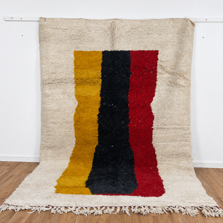 Vintage Moroccan wool rug minimalist ivory with red black yellow stripes