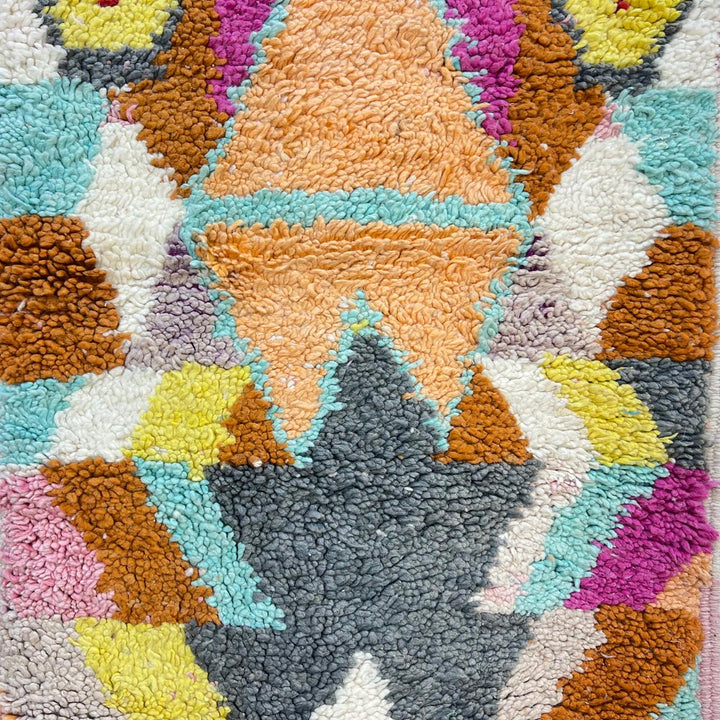 Vintage Moroccan wool runner rug 778 – colorful handmade Berber carpet in orange, teal, and fuchsia geometric pattern, 306 × 78 cm (10.03 × 2.56 ft).