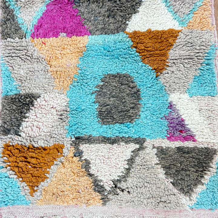 Vintage Moroccan wool runner rug 778 – colorful handmade Berber carpet in orange, teal, and fuchsia geometric pattern, 306 × 78 cm (10.03 × 2.56 ft).