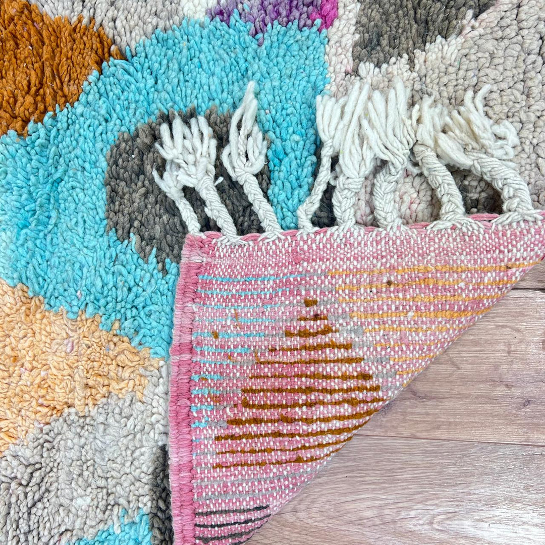 Vintage Moroccan wool runner rug 778 – colorful handmade Berber carpet in orange, teal, and fuchsia geometric pattern, 306 × 78 cm (10.03 × 2.56 ft).