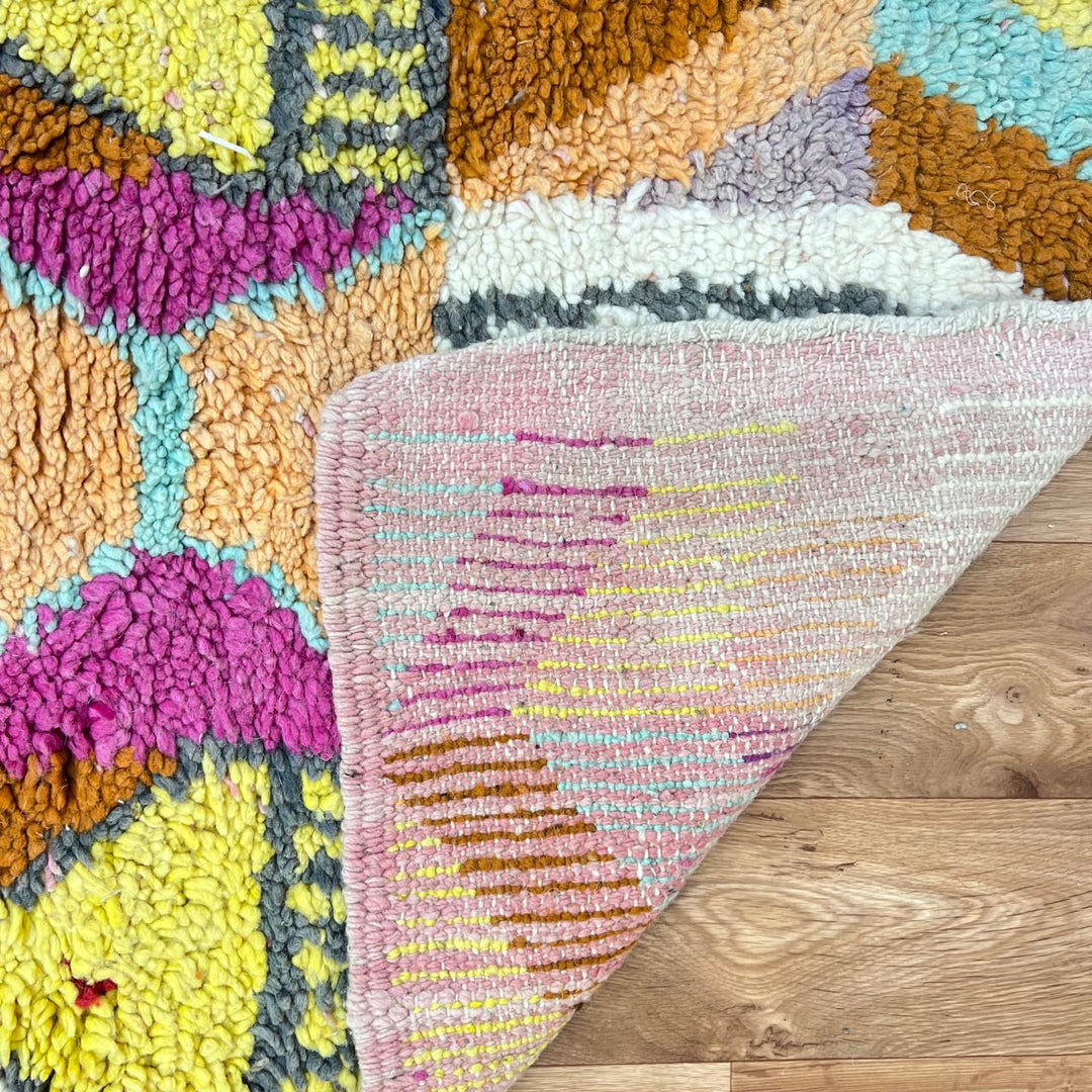Vintage Moroccan wool runner rug 778 – colorful handmade Berber carpet in orange, teal, and fuchsia geometric pattern, 306 × 78 cm (10.03 × 2.56 ft).