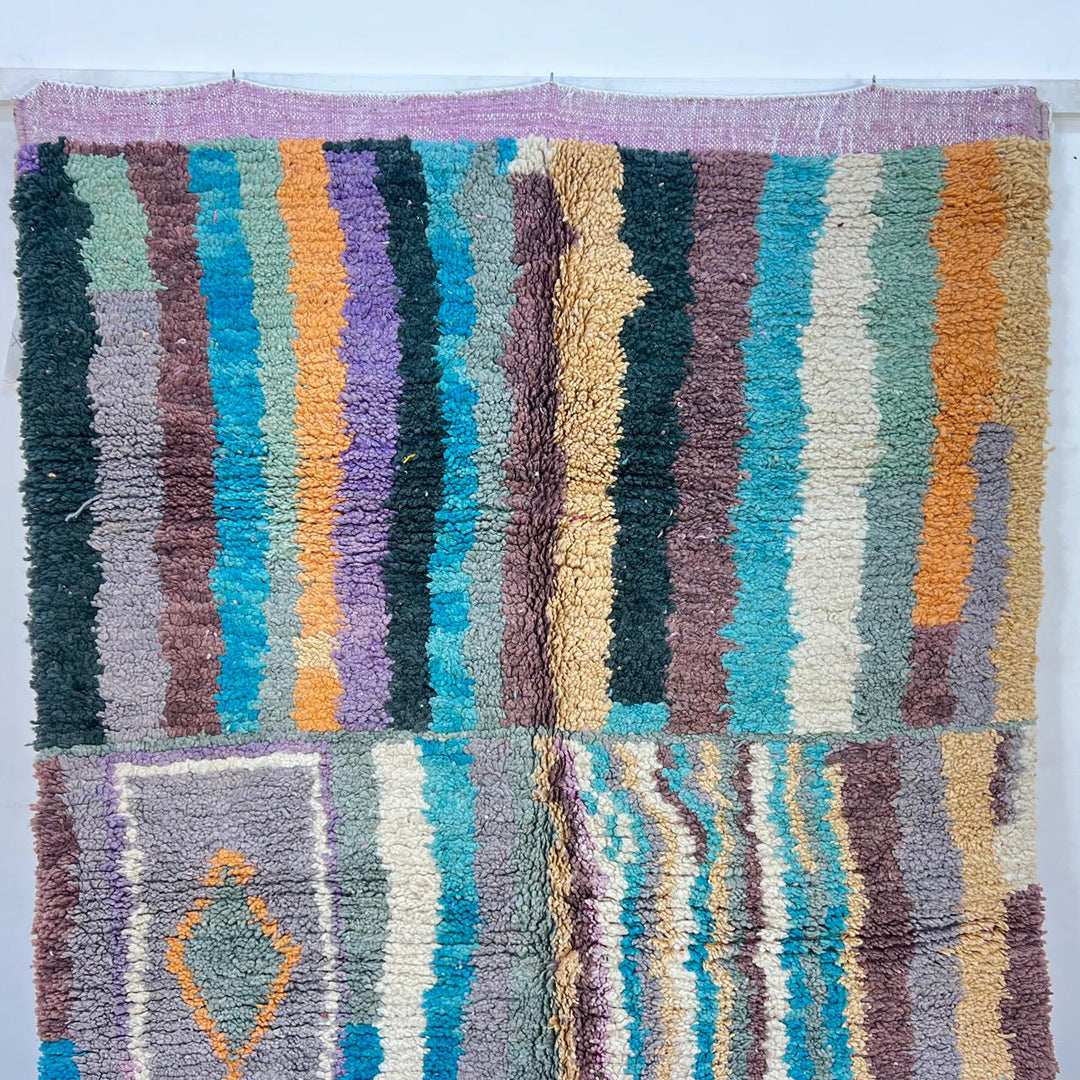 Vintage Moroccan wool rug 770 – handwoven Berber carpet with colorful vertical stripes in turquoise, yellow, gray, and cream (253 × 153 cm / 8.3 × 5.02 ft).
