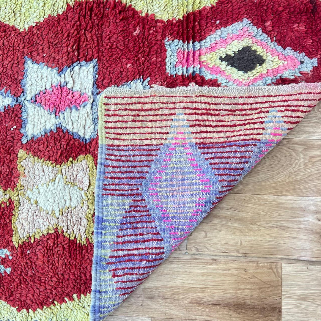 Vintage Moroccan wool rug 820 – red Berber runner with yellow borders and geometric diamond motifs (290 × 84 cm / 9.51 × 2.75 ft).