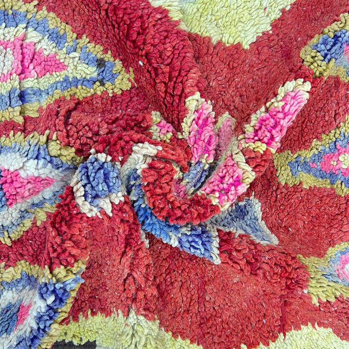 Vintage Moroccan wool rug 820 – red Berber runner with yellow borders and geometric diamond motifs (290 × 84 cm / 9.51 × 2.75 ft).