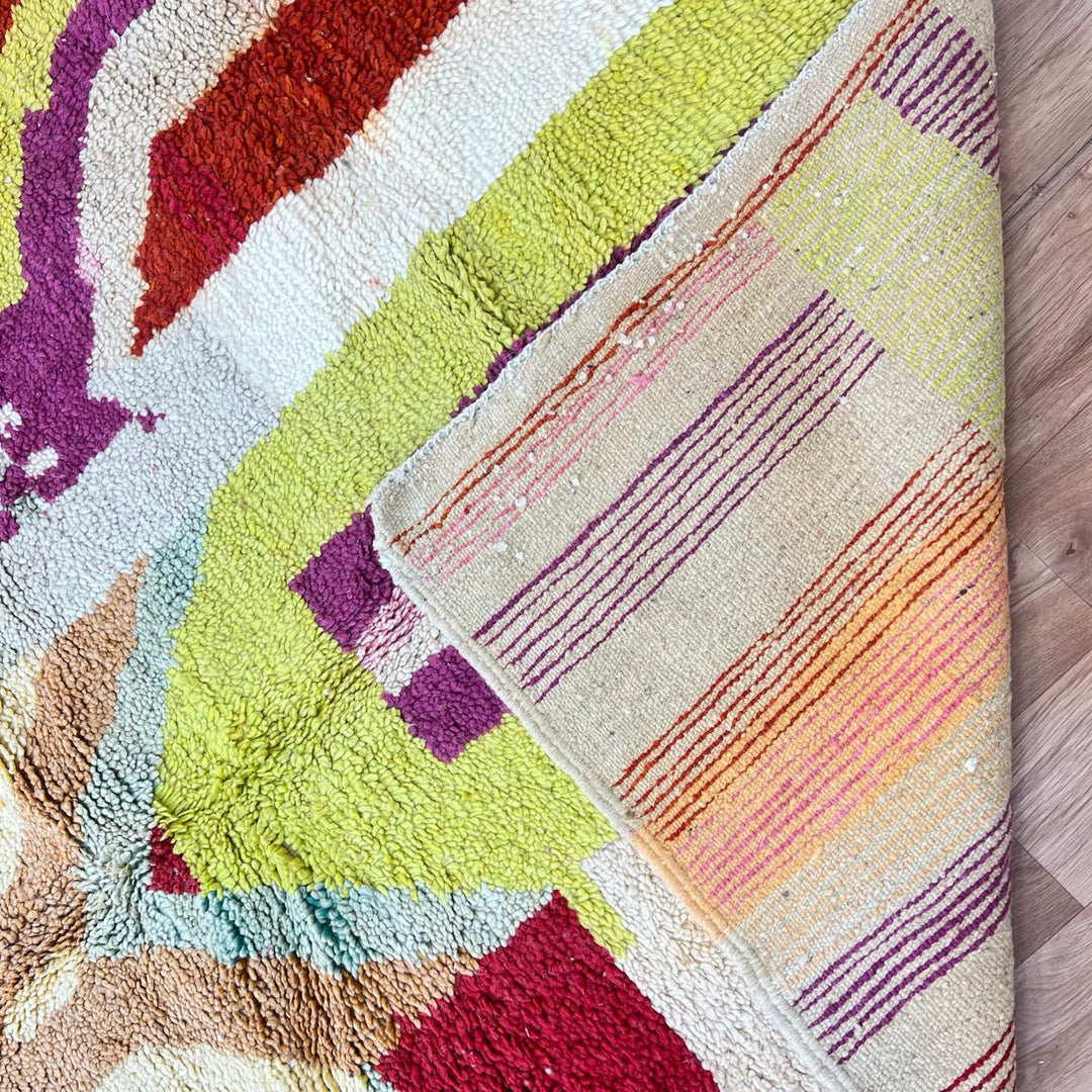 Vintage Moroccan wool rug 797 – colorful handmade Berber carpet with abstract patterns (243 × 154 cm / 7.97 × 5.05 ft).