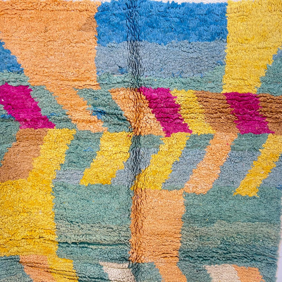 Vintage Moroccan Wool Rug 163 – handmade yellow, teal, and orange geometric Moroccan wool rug (253 × 152 cm).