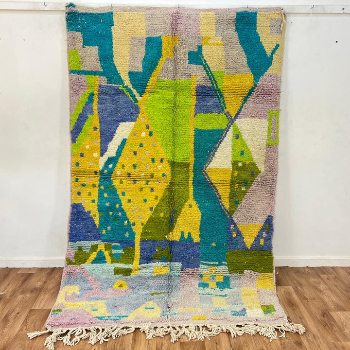 Vintage Moroccan Wool Rug 167 – handmade geometric wool rug in teal, yellow, and lilac tones (245 × 159 cm).