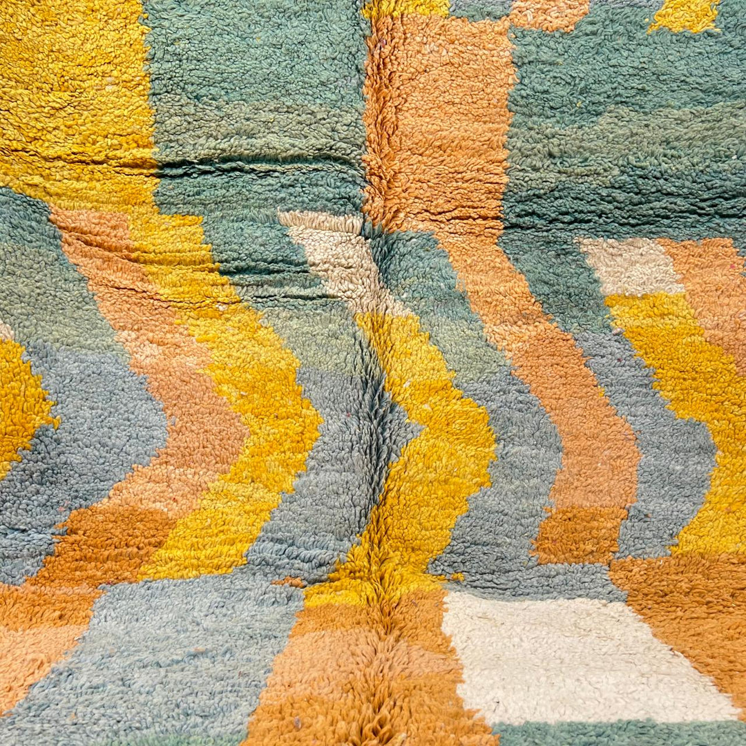 Vintage Moroccan Wool Rug 163 – handmade yellow, teal, and orange geometric Moroccan wool rug (253 × 152 cm).