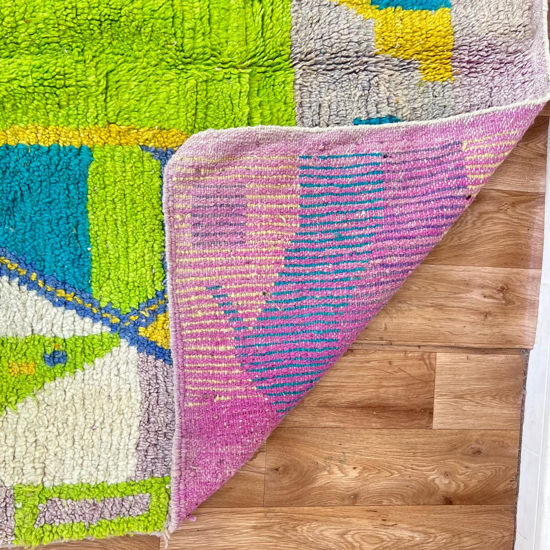Vintage Moroccan Wool Rug 167 – handmade geometric wool rug in teal, yellow, and lilac tones (245 × 159 cm).