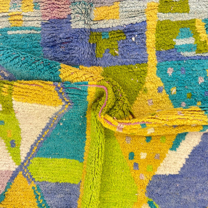 Vintage Moroccan Wool Rug 167 – handmade geometric wool rug in teal, yellow, and lilac tones (245 × 159 cm).